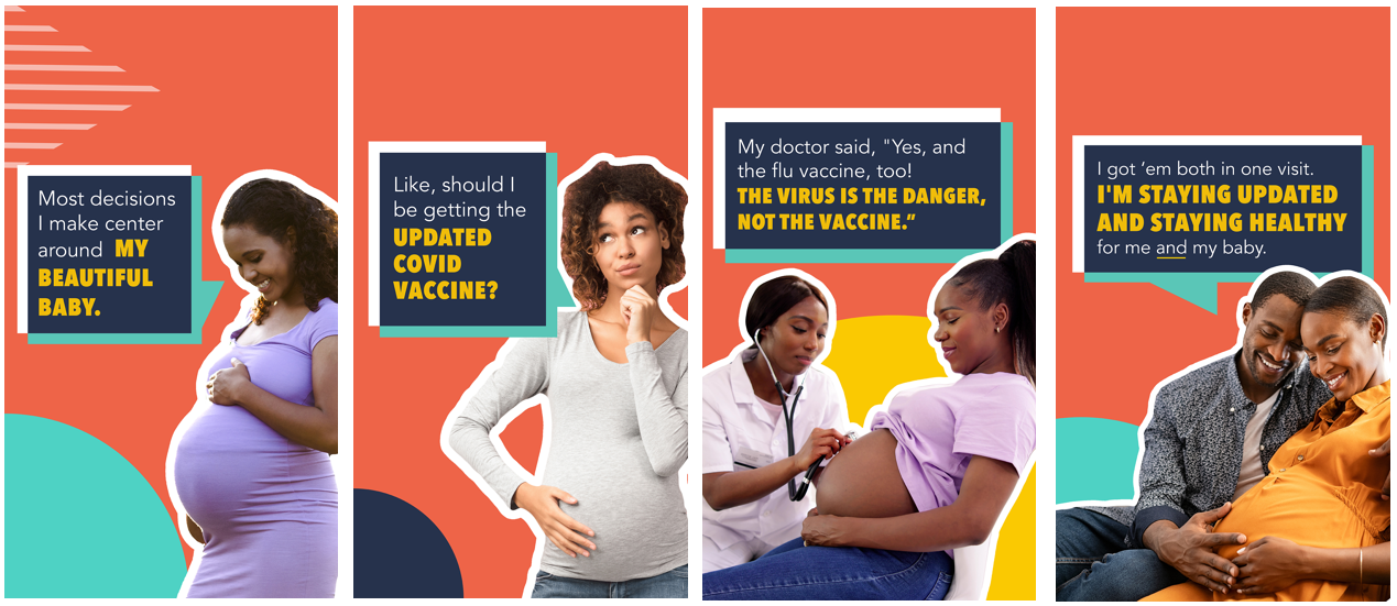 Set of four social media images. One with a black woman smiling down at her baby bump, one with a black pregnant woman with her hand on her chin, one with a black doctor listening to a black woman's stomach for her baby's heart rate, and one of a pregnant black woman and a black man smiling and touching her baby bump