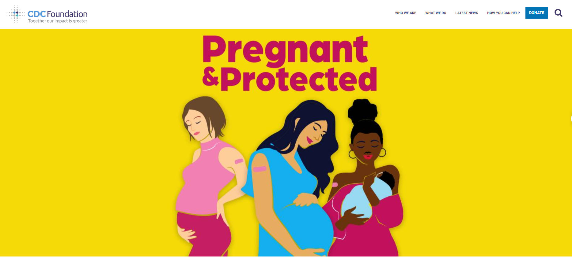 Cartoon images of three pregnant woman who all have band aids on their shoulders, showing that they have been vaccinated. 