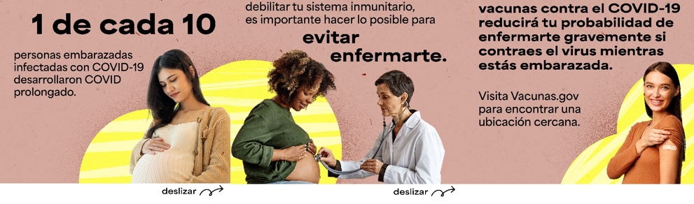 image with three panels, first of a white pregnant woman holding her belly, second of a Black pregnant woman holding her belly and a white woman doctor uses a stethoscope, third of a white pregnant woman smiling and showing her arm with a bandage