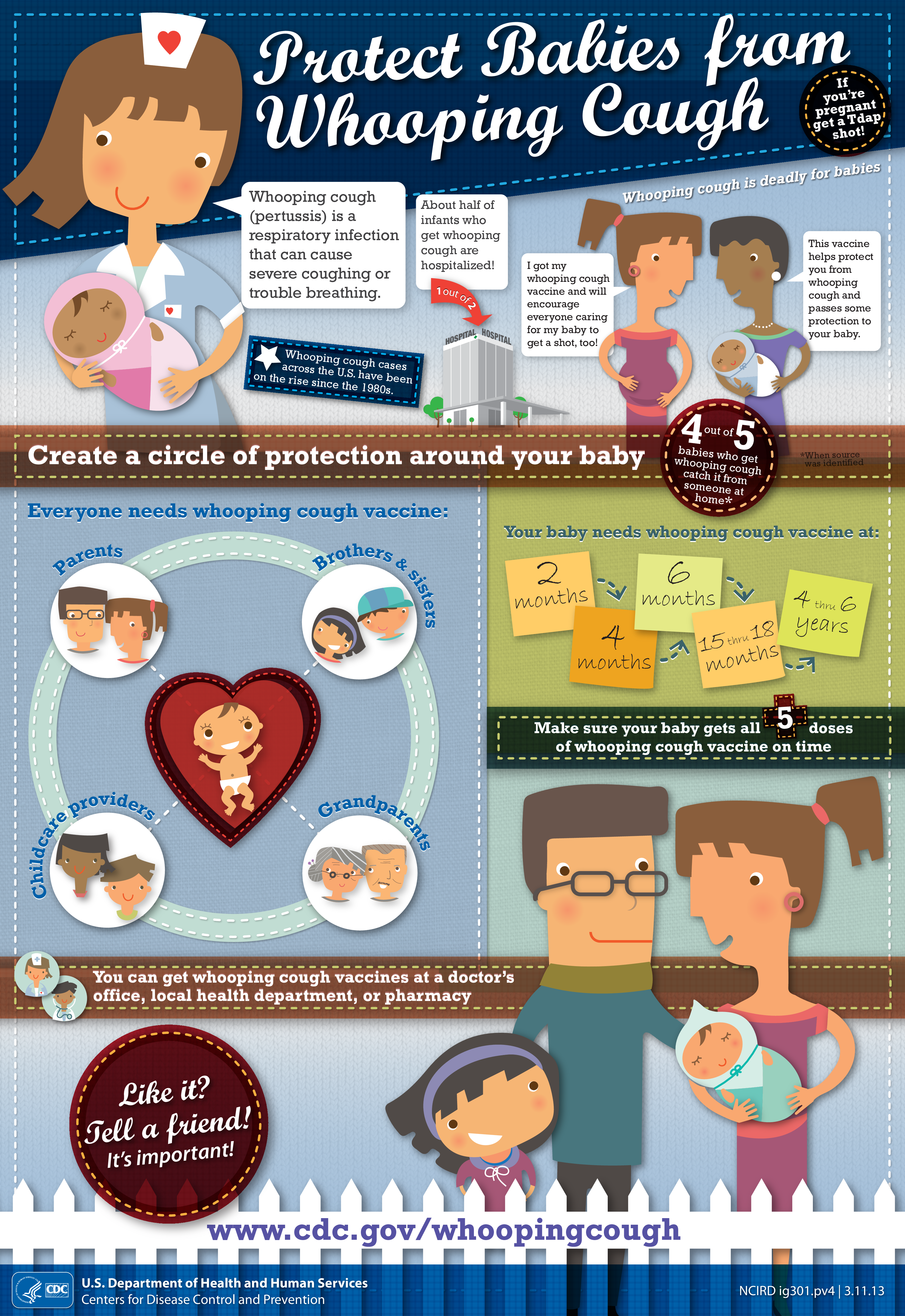 Colorful flyer with graphics of smiling healthcare providers, babies, and families of multiple races to promote whooping cough vaccination for babies, parents, family members, and caregivers. A website link and CDC logo are at the bottom of the flyer.