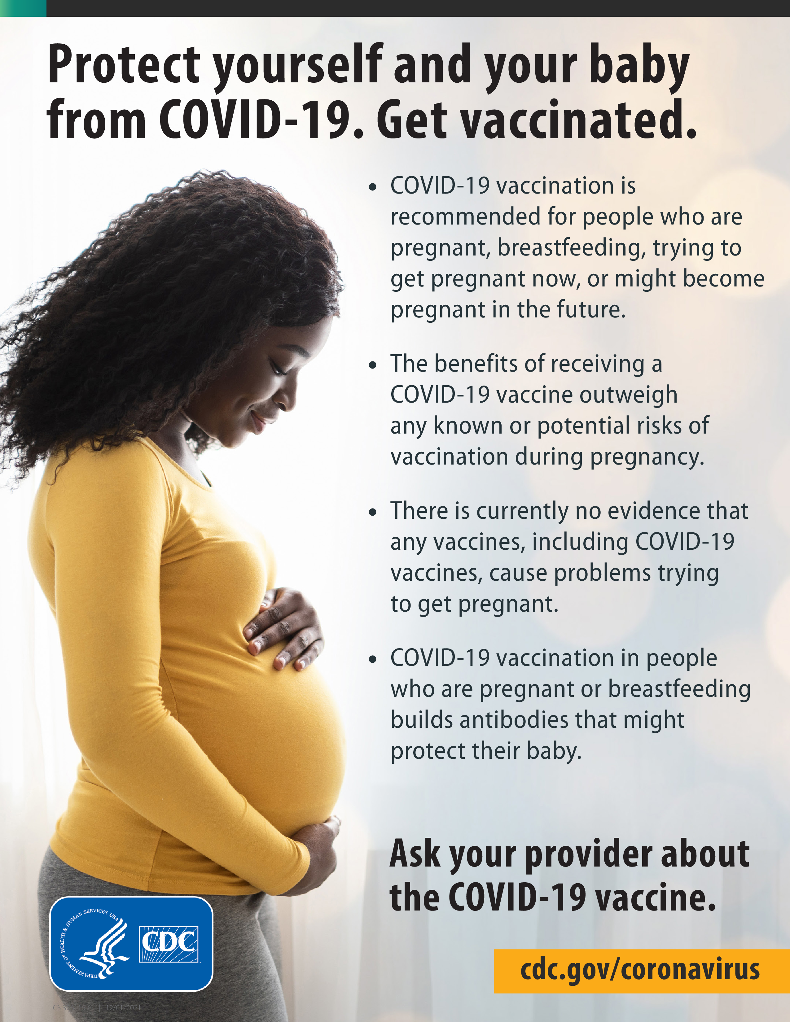 A Black pregnant woman wearing a yellow shirt is standing facing the right, with her hands holding her stomach. The CDC logo is on the bottom left in blue with white text. 
