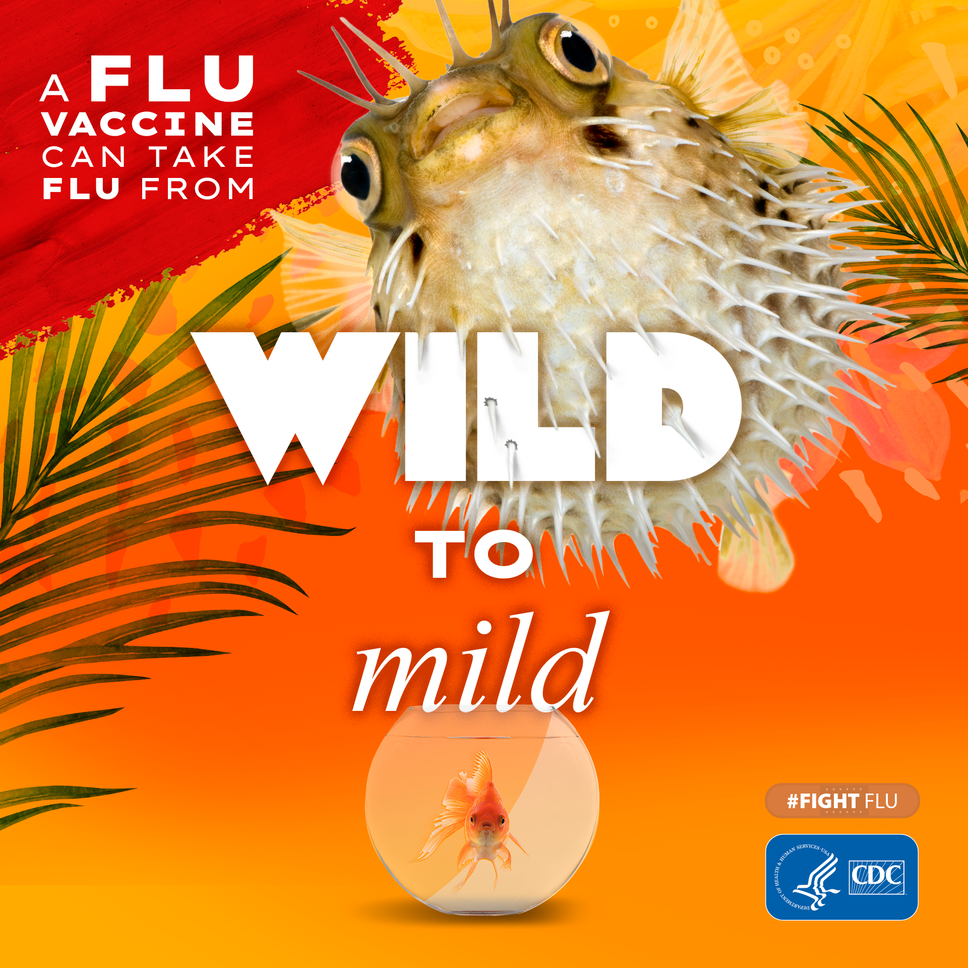 pufferfish with text: A flu vaccine can take flu from wild to mild #fightflu CDC logo