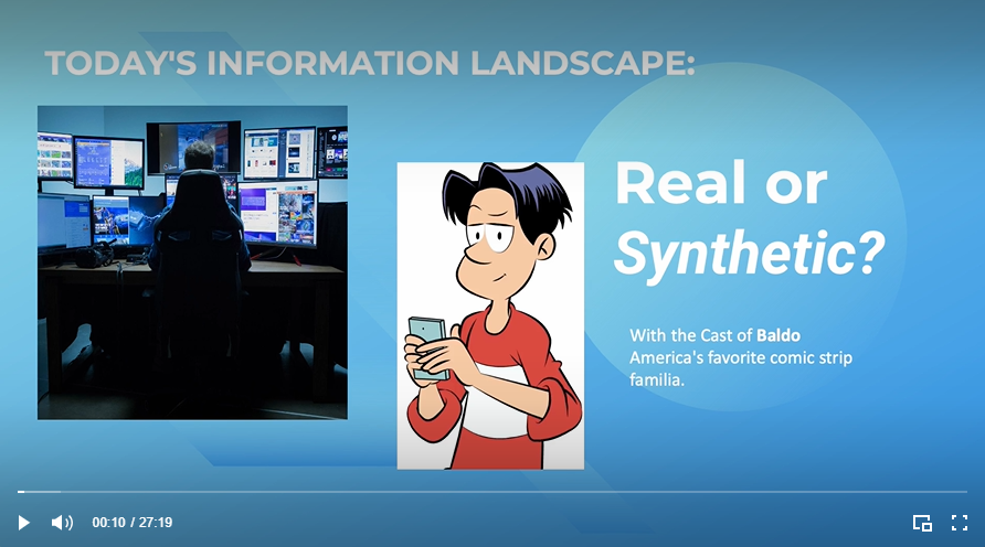 Webinar title page shows a photo of a person looking at multiple computer monitors and a picture of the comic book character "Baldo"
