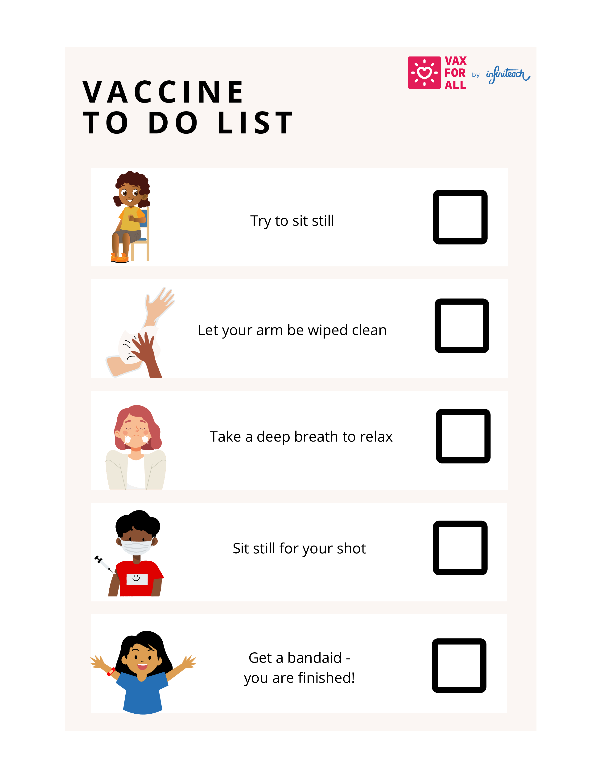 A checklist has cartoon icons next to each item on the list. The icons include a young Black girl sitting in a chair, an arm wiping off another arm, a young woman taking a deep breath, a Black child receiving a vaccine, and a young girl celebrating.