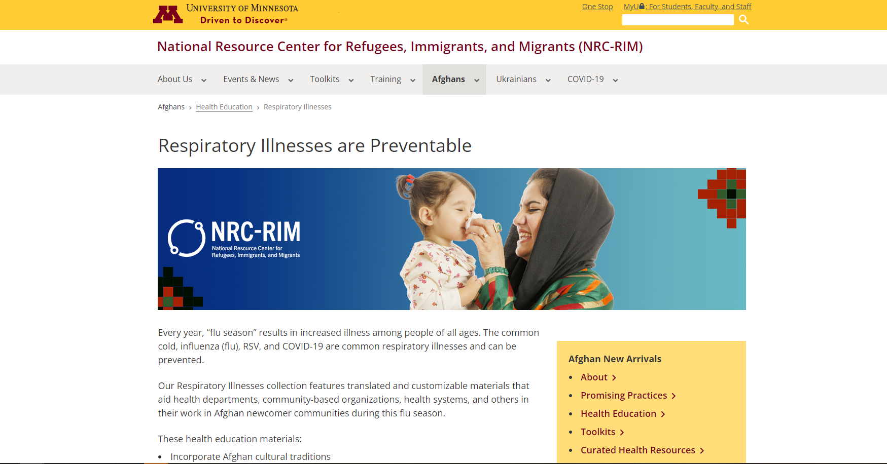 Screen capture of a web page with an image of a woman wearing a headscarf, helping a young girl blow her nose