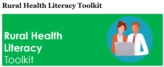 Image shows a graphic of a man and a woman working on a laptop. Text says: "Rural Health Literacy Toolkit"