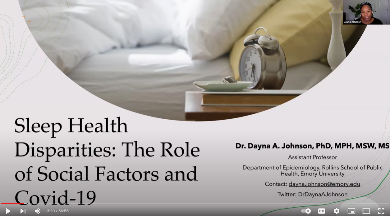 Title page for a presentation shows image of alarm clock next to bed. The presenter, a Black woman, is featured in the right corner.