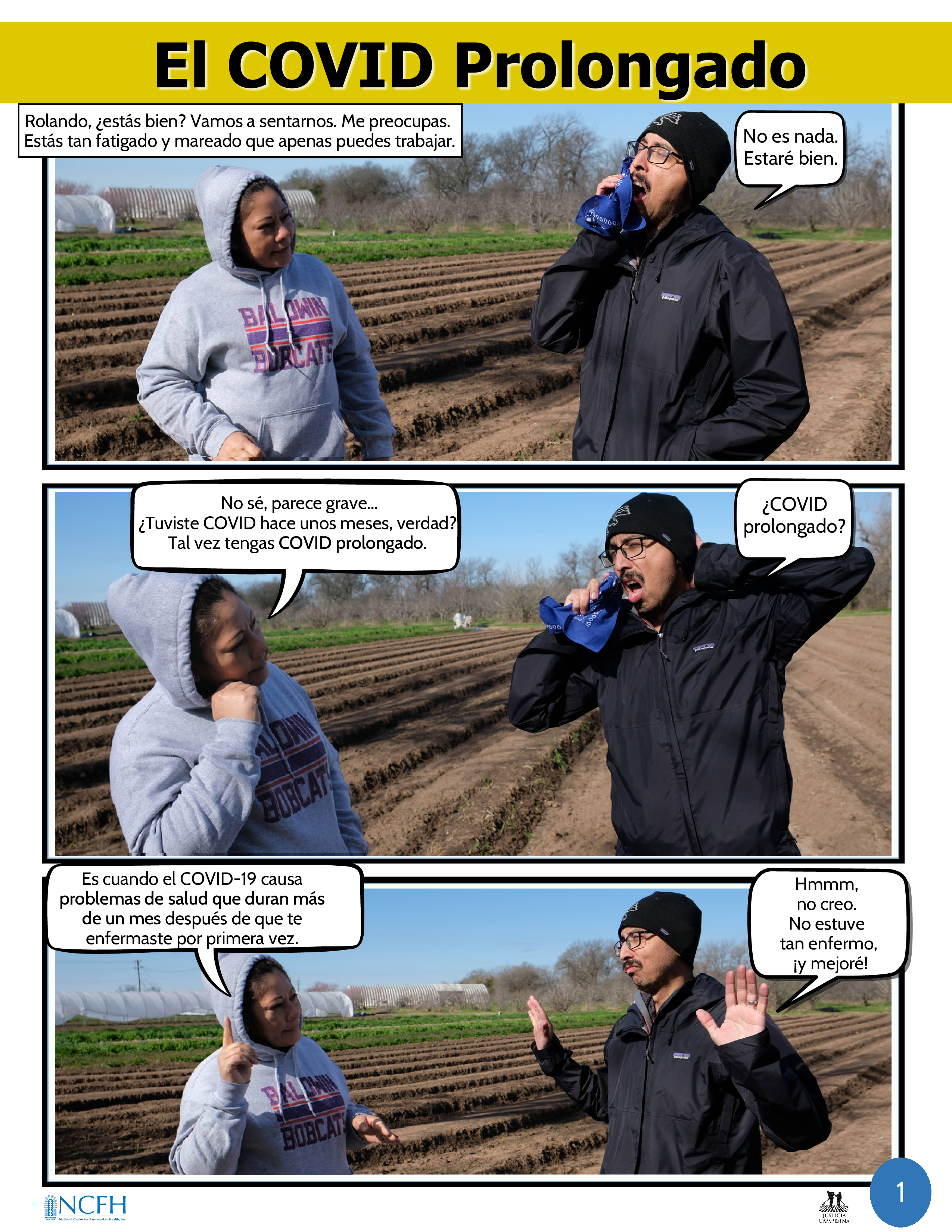 Two farmworkers talk to each other in a field, one of whom is showing signs of fatigue.