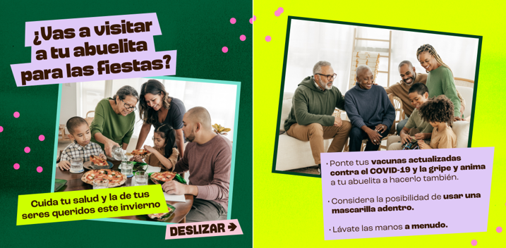 Imagen con dos paneles, el primero incluye una familia latina disfrutando de una comida junta y el segundo incluye una familia negra sentada junta y sonriendo.