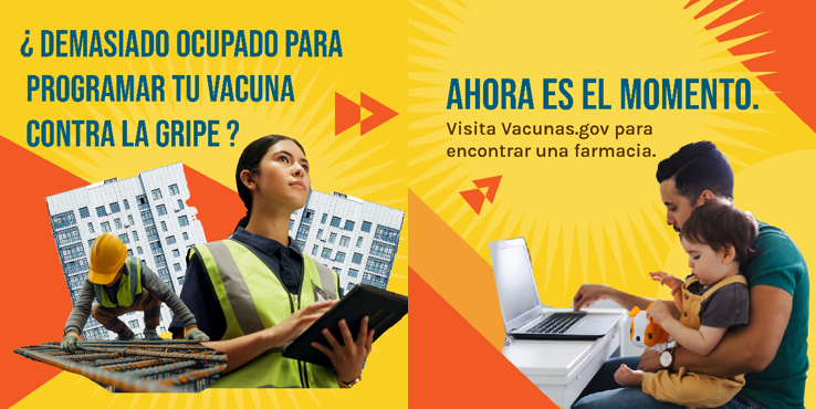 Image with two panels, first of a construction worker and a Latina woman construction worker in front of buildings, second of a Latino father using a laptop while holding his son