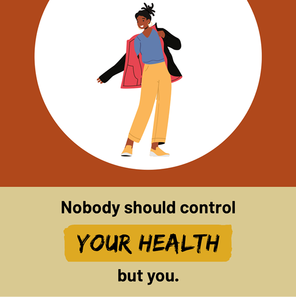 A Black woman wearing beige pants, blue shirt, and a black coat against a white and orange background and black text.