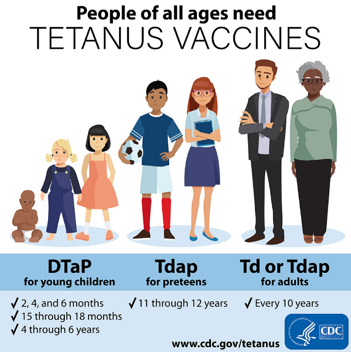 Cartoon images show a wide range of age groups from infant to elderly adult with accompanying information on when to get vaccinated.