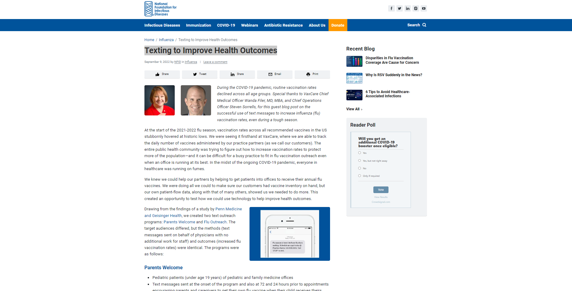 Website with white background and black text. The National Foundation for Infectious Diseases logo at the top and headshots of two post contributors, a white woman  and a white male are within the body of the text.