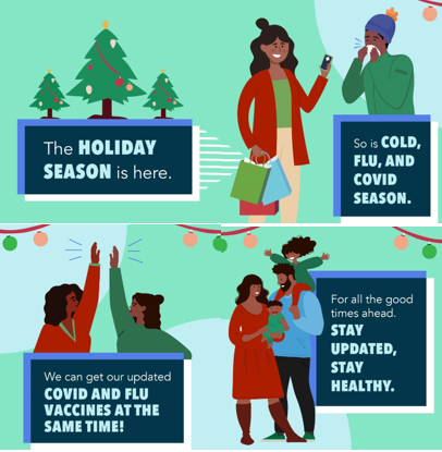 Image with four panels, first includes three Christmas trees, second includes one Latina women holding a phone and shopping bags and one Latino man blowing his nose, third includes two Latina women high-fiving, fourth includes a Latino family smiling together.