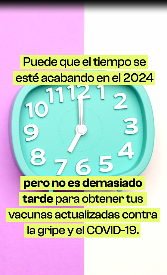 Video for social media shows a clock moving around with a clock ticking sound playing in the background. Text says: “Time may be running out on 2024, but it’s not too late to get your updated flu and COVID-19 vaccines.”