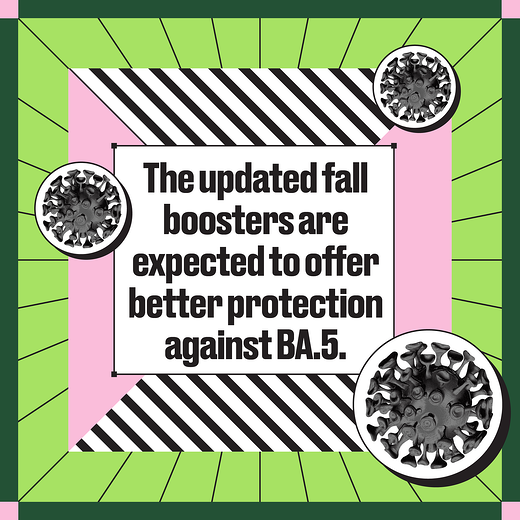 Cartoon image of virus spike proteins. Text reads, "The updated fall boosters are expected to offer better protection against BA.5."