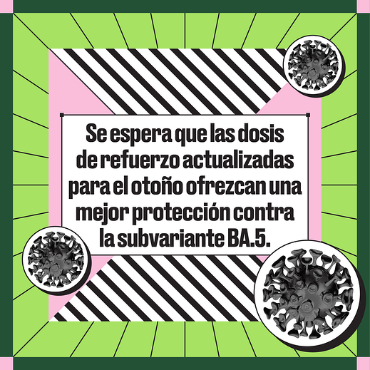 Cartoon image of virus spike proteins. Spanish text reads, "The updated fall boosters are expected to offer better protection against BA.5."