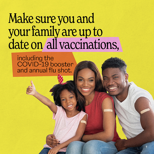 A Black family (mom, dad, and daughter) sit close together with big smiles and bandages on their arms. The young girl gives a thumbs up. Graphic has a yellow background and text.
