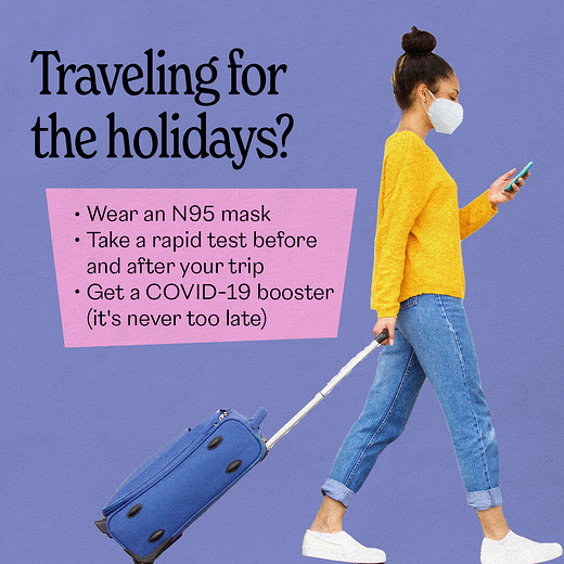 A woman wheels her suitcase and wears a mask. Tips are provided on graphic for safe travel.