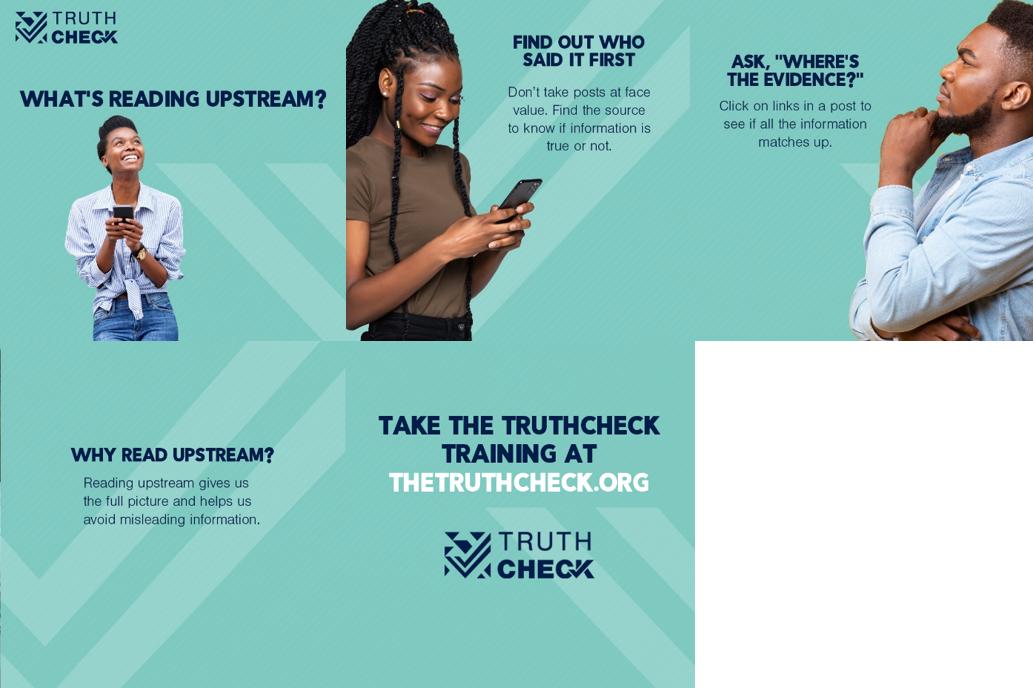 Set of five social media images. Three contain people; the first is a black woman in a blue and white shirt holding her phone and smiling up, the second is a black woman in a brown shirt smiling at her phone, and the third is a black man in a blue shirt with his hand on his chin and a pensive look