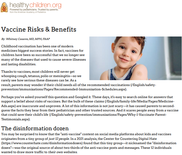 The image shows the first page of the fact sheet with an image of a young boy who just received a vaccine. Text says: Vaccine Risks & Benefits.