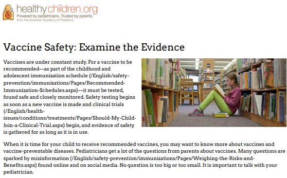 Graphic shows the first page of the factsheet and an image of a young girl reading a book in a library. Text says: Vaccine Safety: Examine the Evidence.