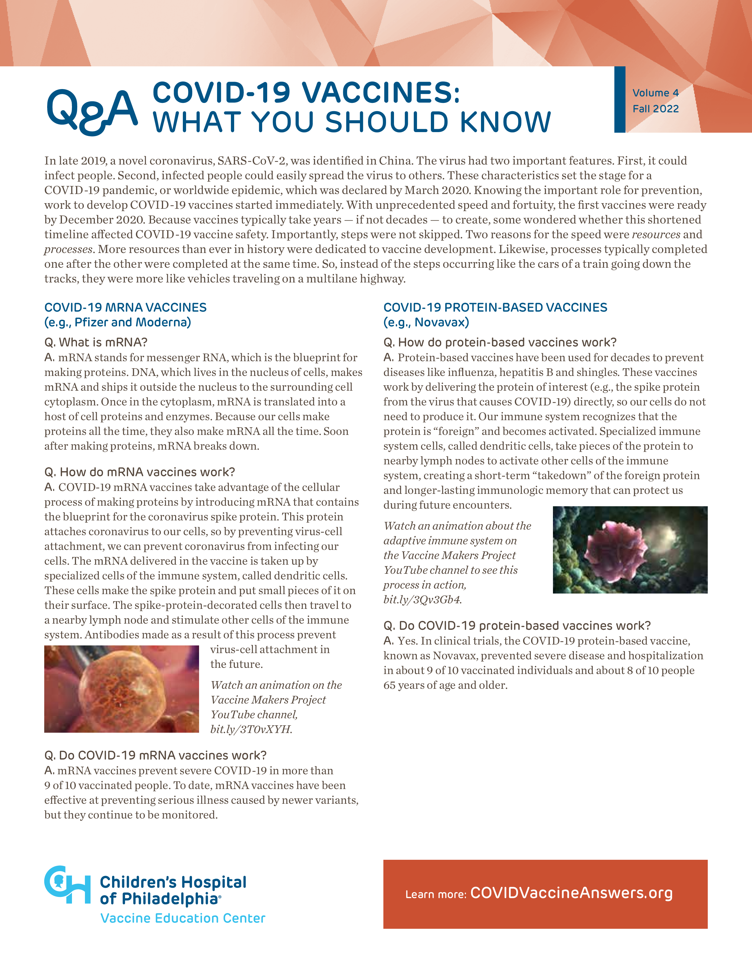 Factsheet with a white background and blue and black text in a question and answer format. Children's Hospital of Philadelphia logo is at the bottom left corner and a weblink to learn more is at the bottom right corner.