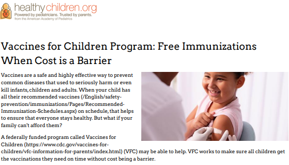 Graphic displays the first page of the factsheet including an image of a young girl smiling after receiving a vaccine. Text says: Vaccines for Children Program - Free Immunizations When Cost is a Barrier.