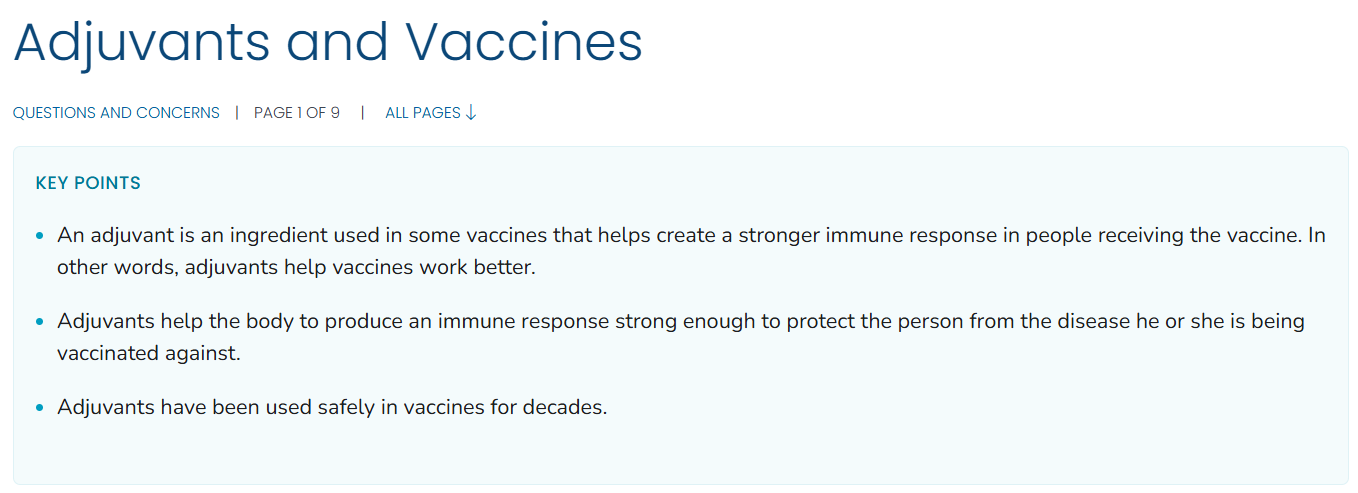 This screenshot has text from the website giving an overview of adjuvants and vaccines.