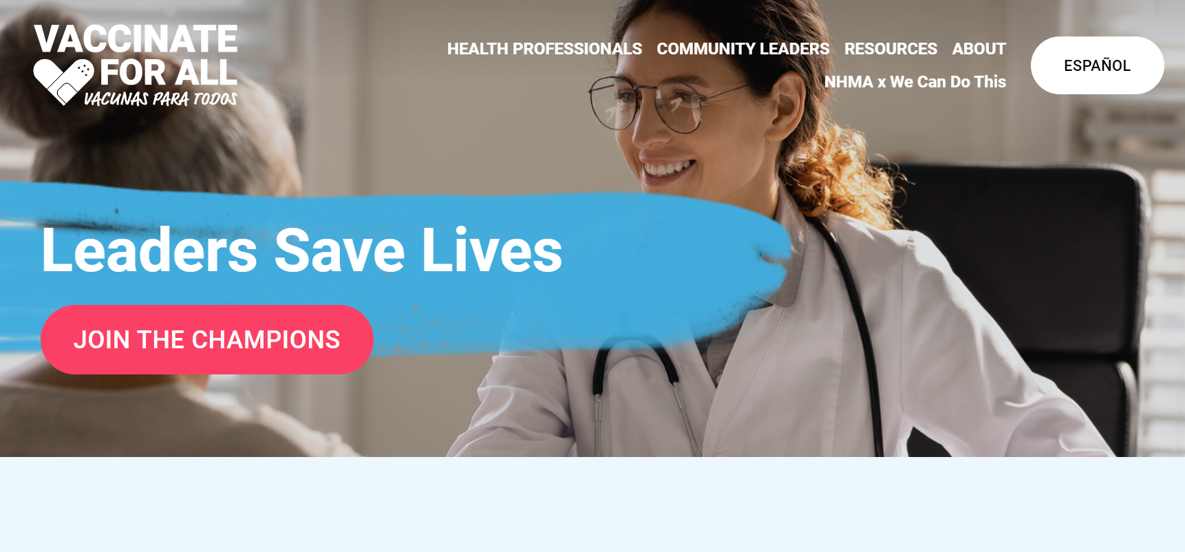 Website includes an image of a doctor speaking with a patient.