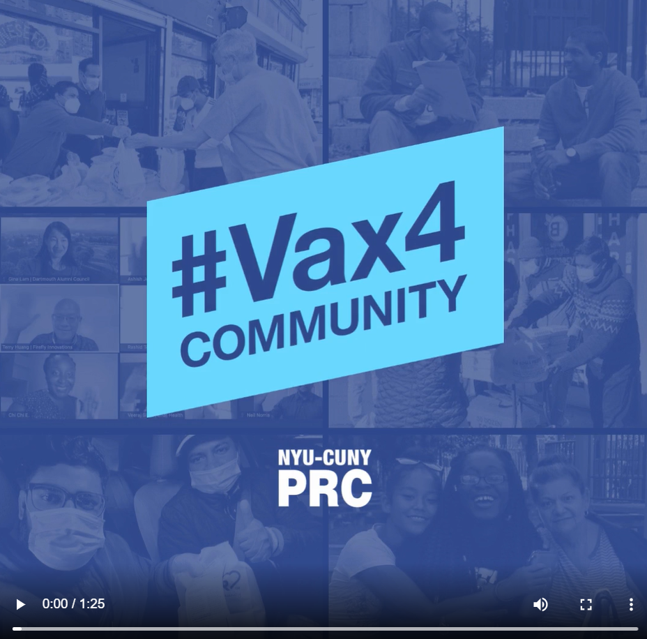 The words "vax4community: appear in a blue text bubble against a darker blue background with an array of faces