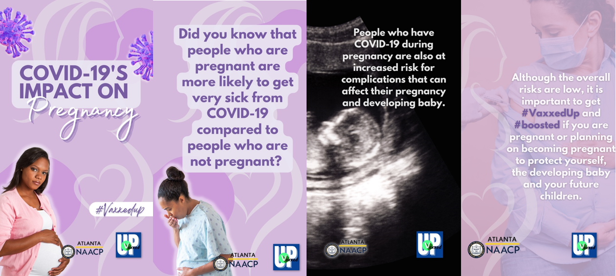 Four panel images each contain text about pregnancy and COVID. Three images are pink and feature Black women. One has a black background showing an ultrasound image
