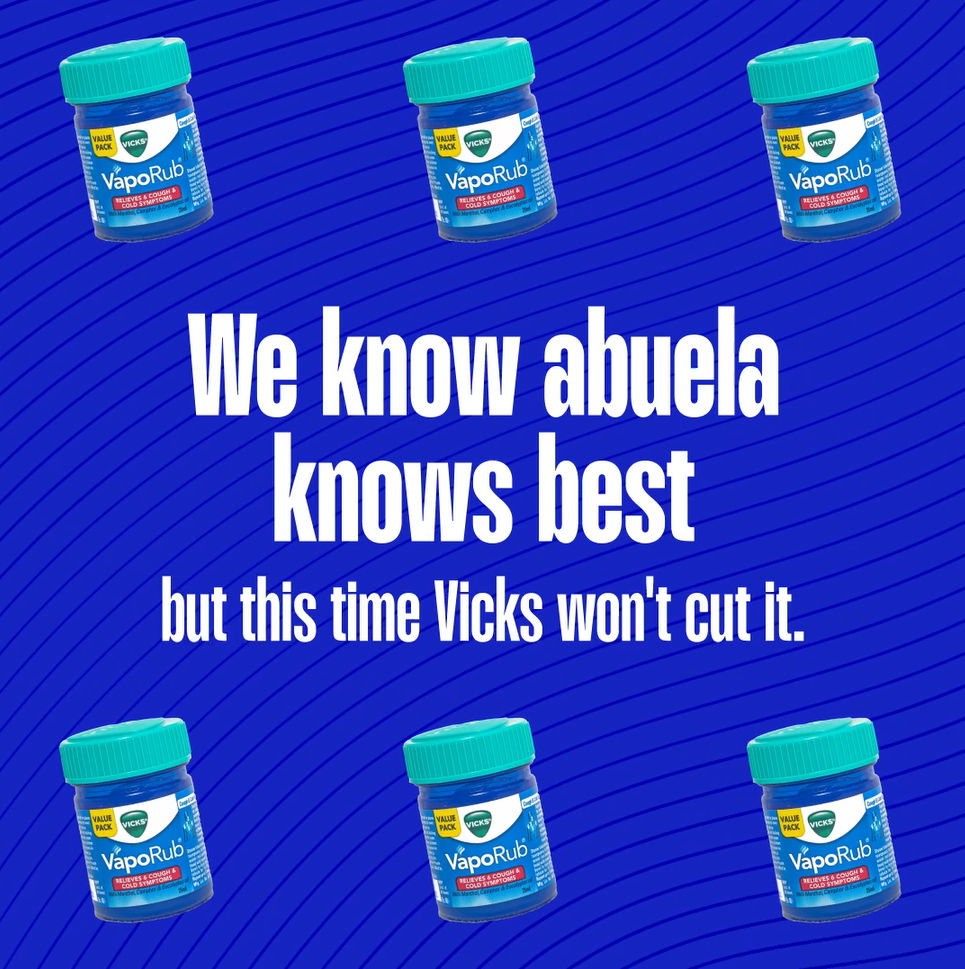 Blue background with three jars of Vicks VapoRub on the top and bottom of image and text in white font.