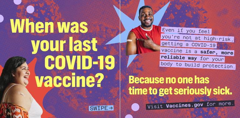 Image with two panels, first shows a Latina with a Band-Aid after a vaccine smiling, second shows a Black man smiling and pointing to his Band Aid after a vaccine 
