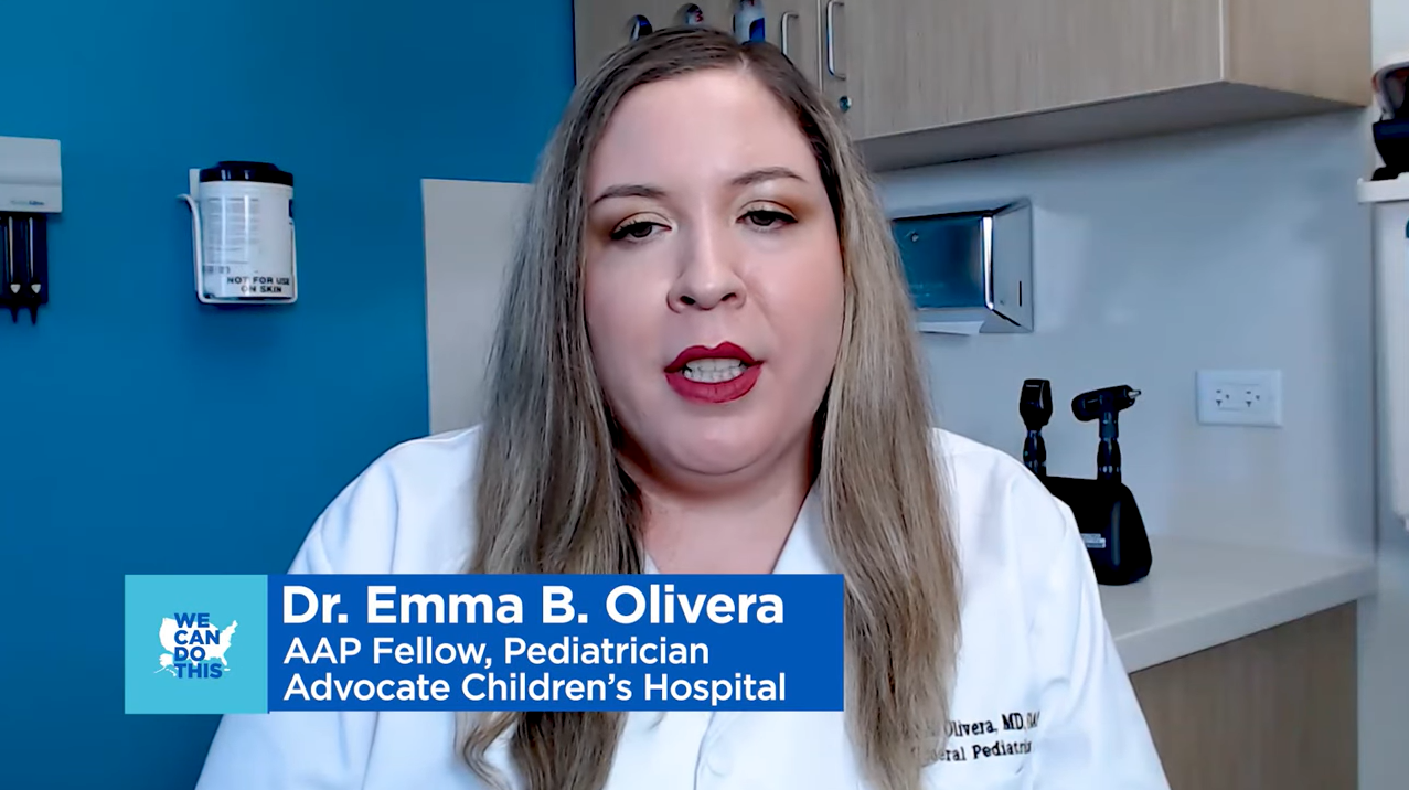 Dr. Emma Olivera, a white, female pediatrician, discusses side effects from COVID-19 vaccines in children. 