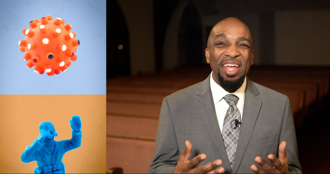 a Black man speaking and images of a toy soldier and ball representing a virus