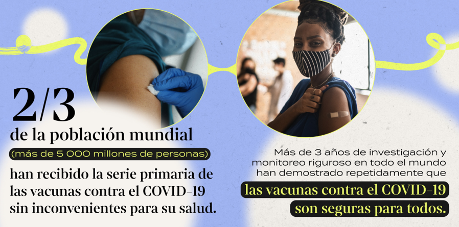 Two panels of image show a shoulder being cleaned before vaccination and a young Black woman wearing a mask and showing a band aid on her shoulder.